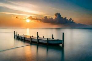 uma barco senta em a água às pôr do sol. gerado por IA foto