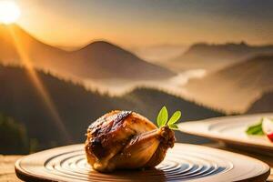 uma prato com uma frango em isto e uma vidro do vinho em uma mesa dentro frente do uma. gerado por IA foto