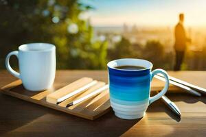 dois café copos e uma caneta em uma de madeira mesa. gerado por IA foto