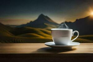 uma copo do café em uma mesa dentro frente do montanhas. gerado por IA foto