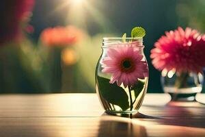 uma vaso com Rosa flores em uma mesa. gerado por IA foto