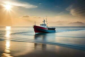 uma pescaria barco dentro a oceano às pôr do sol. gerado por IA foto