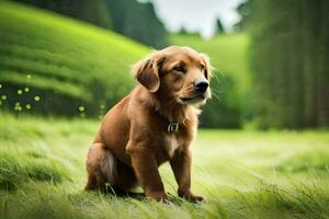 uma Castanho cachorro sentado dentro a grama. gerado por IA foto