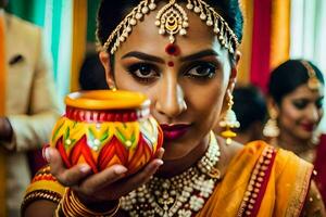 uma lindo indiano noiva segurando uma Panela do Comida. gerado por IA foto