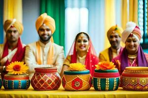 indiano Casamento cerimônia com colorida potes. gerado por IA foto
