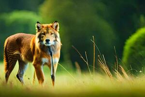 uma vermelho Lobo é em pé dentro a grama. gerado por IA foto