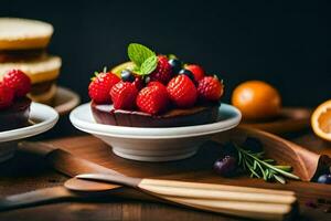 dois pequeno pratos com fruta e chocolate. gerado por IA foto