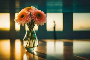 uma vaso do flores em uma mesa dentro frente do uma janela. gerado por IA foto