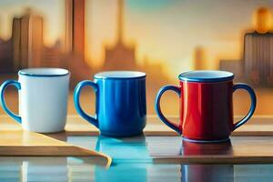 três café canecas em uma mesa com uma paisagem urbana dentro a fundo. gerado por IA foto