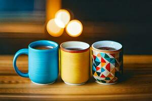 três colorida café canecas em uma de madeira mesa. gerado por IA foto