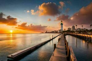 a Sol conjuntos sobre a cidade do haifa, Israel. gerado por IA foto