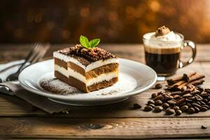 café e sobremesa em uma de madeira mesa. gerado por IA foto