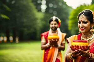 uma casal dentro tradicional indiano vestuário segurando uma Panela. gerado por IA foto