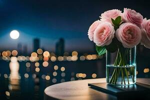 Rosa rosas dentro uma vaso em uma mesa dentro frente do uma cidade Horizonte. gerado por IA foto