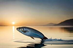 uma peixe pulando Fora do a água às pôr do sol. gerado por IA foto