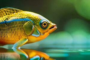 uma peixe com brilhante amarelo olhos e azul barbatanas. gerado por IA foto