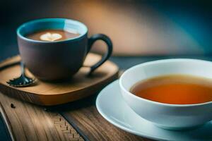 uma copo do chá e uma copo do café em uma de madeira mesa. gerado por IA foto