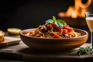 espaguete com carne e legumes dentro uma de madeira tigela. gerado por IA foto