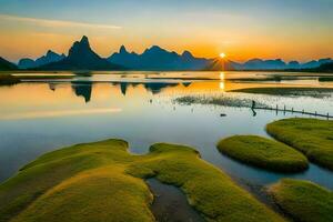 a Sol sobe sobre uma lago e montanhas dentro China. gerado por IA foto