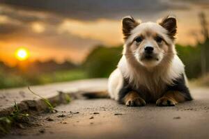 uma cachorro sentado em a estrada às pôr do sol. gerado por IA foto