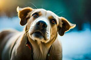 uma cachorro é olhando acima às a Câmera. gerado por IA foto