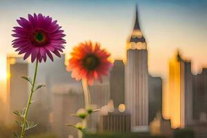 uma flor com uma cidade Horizonte dentro a fundo. gerado por IA foto