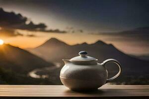 chá Panela em a mesa, montanhas, pôr do sol, hd papel de parede. gerado por IA foto