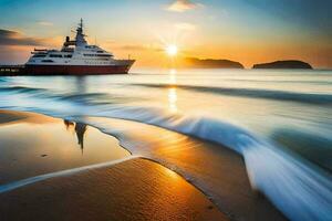uma barco em a de praia às pôr do sol. gerado por IA foto