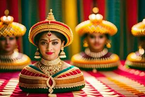 uma mulher dentro tradicional indiano vestuário é cercado de de outros mulheres. gerado por IA foto