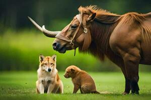 uma cachorro e uma vaca em pé Próximo para cada outro. gerado por IA foto