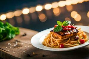 espaguete com tomate molho e manjericão folhas. gerado por IA foto