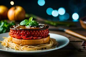 uma prato com uma tomate sanduíche e massa. gerado por IA foto