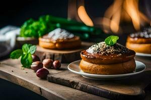 pequeno tortas em uma de madeira mesa com uma fogo. gerado por IA foto