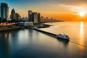 Panamá cidade Horizonte às pôr do sol. gerado por IA foto