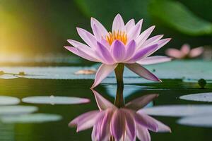 uma Rosa lótus flor é refletido dentro a água. gerado por IA foto