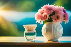 uma vaso com Rosa flores e uma vidro do água. gerado por IA foto