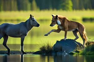 dois cavalos em pé Próximo para cada de outros de uma lago. gerado por IA foto