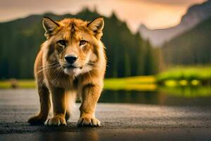 uma leão caminhando em a estrada dentro frente do uma montanha. gerado por IA foto