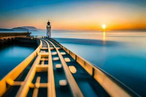 uma grandes exposição fotografia do uma farol às pôr do sol. gerado por IA foto