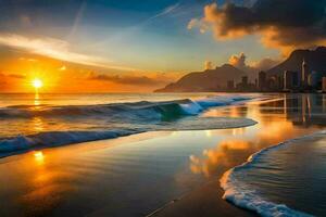 a Sol sobe sobre a de praia e cidade Horizonte. gerado por IA foto