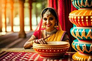 uma mulher dentro tradicional indiano vestuário é sorridente enquanto segurando uma tigela. gerado por IA foto