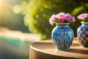 dois vasos com flores sentado em uma mesa. gerado por IA foto