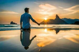 uma homem em pé em a de praia às pôr do sol. gerado por IA foto