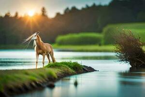 uma cavalo em pé em a Beira do uma lago às pôr do sol. gerado por IA foto