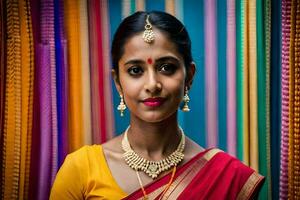 uma mulher dentro uma colorida sari poses para a Câmera. gerado por IA foto