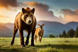 uma Castanho Urso e uma veado estão caminhando dentro a grama. gerado por IA foto