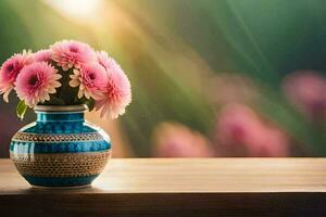 uma vaso com Rosa flores em uma mesa. gerado por IA foto