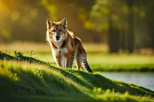 uma Lobo é em pé em uma gramíneo Colina perto uma lago. gerado por IA foto