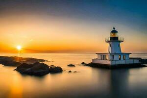 uma farol senta em a costa do uma corpo do água às pôr do sol. gerado por IA foto