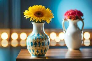 dois vasos com flores em uma mesa. gerado por IA foto